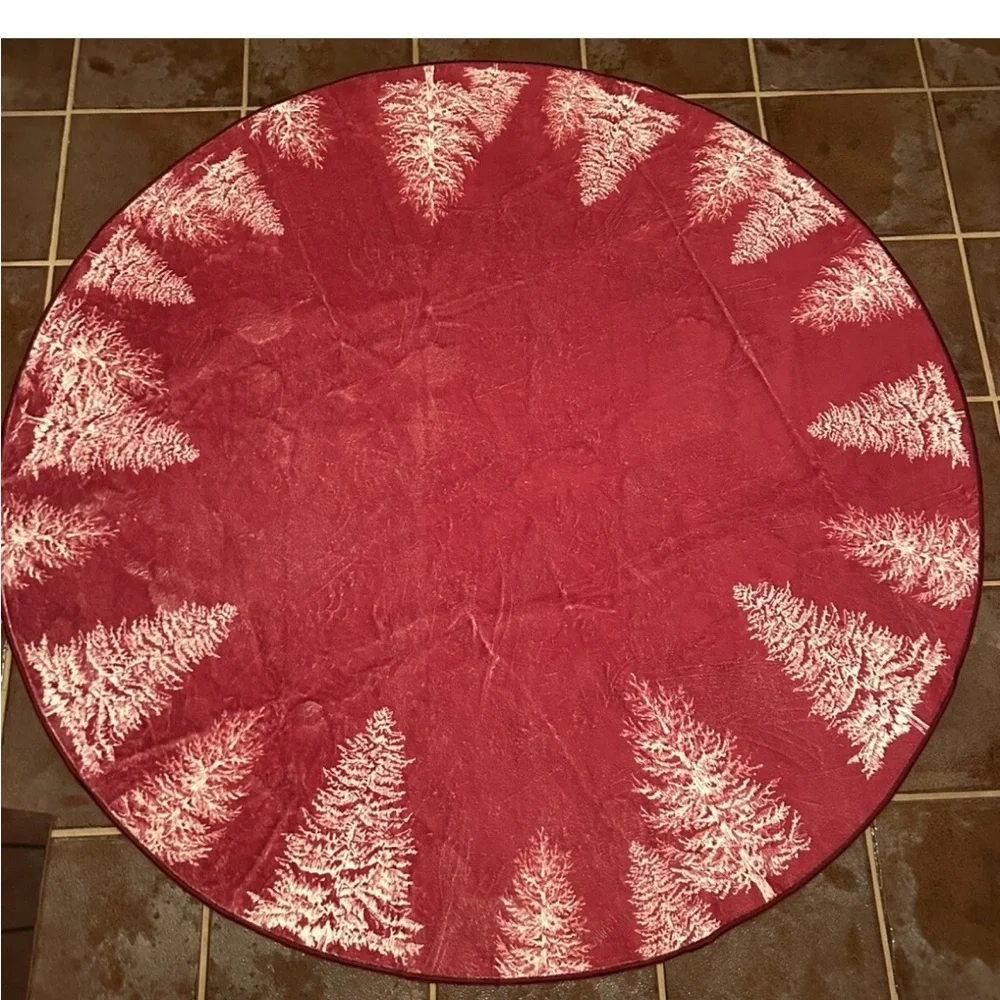 5’ Red round area rug with white Christmas trees, holiday, party, winter festive